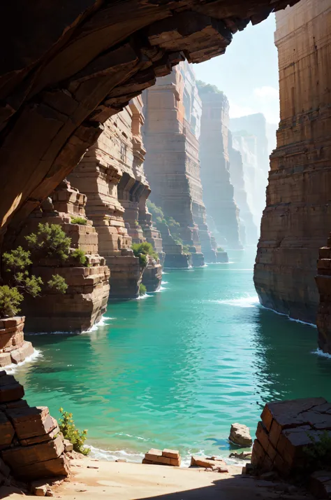 arafed view of a river in a canyon with a bridge