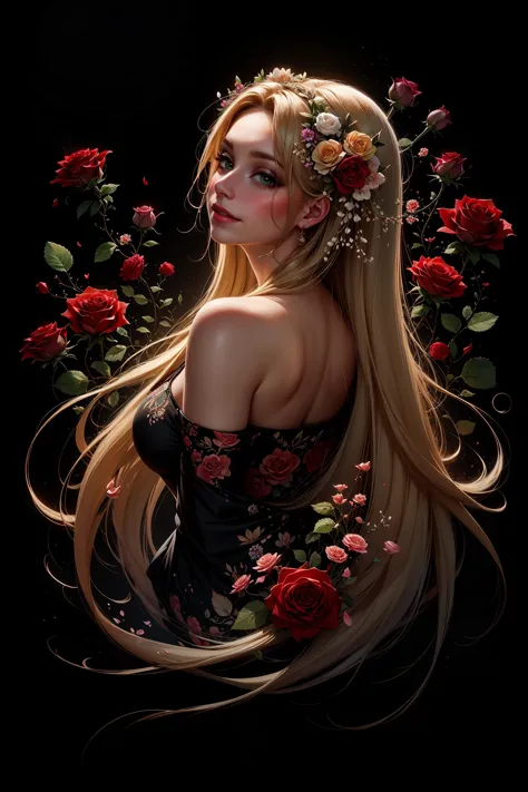 best quality, masterpiece, 1 girl, (head tilted back:1.2), abstract, (surrounded by blossoming flowers:1.2), (flowers, floral theme:1.25), (blonde hair, mid parted hair, straight hair, long hair:1.2), pronounced blush, beautiful green eyes, simple black background, perfect lighting, smooth lighting, (mandala, chaotic patterns, abstract), (fractal art), looking at viewer from side, from side, (flowers, roses:1.25), the most beautiful form of chaos, elegant, a brutalist designed, vivid colour, ecstasy of musical notes, streaming musical notes visible, pxint detailed eyes, beautiful 