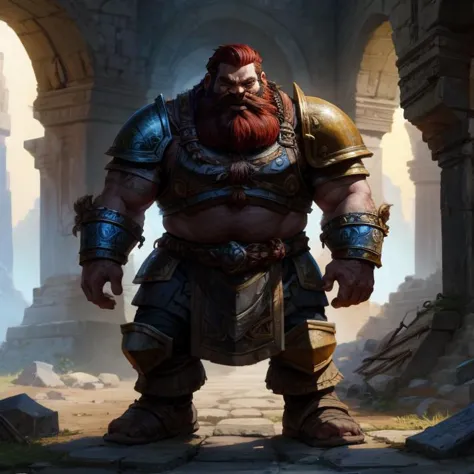 Dwarven warrior in heavy armor exploring a ruined temple, dwarf, short, stocky, broad shoulders, one character, in the style of ...