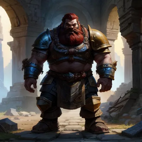 Dwarven warrior in heavy armor exploring a ruined temple, dwarf, short, stocky, broad shoulders, one character, in the style of Larry Elmore, colorful chaos, vivid colors, striking visual design, 