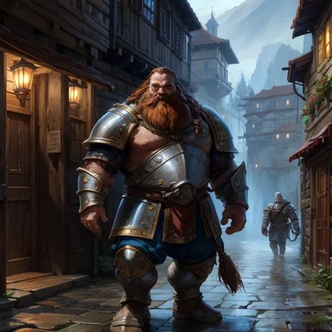 Zwergenkrieger in schwerer Rüstung erkunden, dwarf, kurz:1.2, stämmig, breite Schultern, Ein Charakter, im Stil von Larry Elmore, (Fantasy-Kunst :1.3), ätherische Fantasy-Konzeptkunst, Herrlich, himmlisch, Ätherisch, malerisch, Epos, majestätisch, magisch, Fantasy-Kunst, Deckblattkunst, verträumt, Oberkörperansicht, Garibaldi-Bart, regendurchweichte Kopfsteinpflastergasse in der Altstadt, Vollrüstung buntes Chaos, lebendige Farben, markantes visuelles Design, 