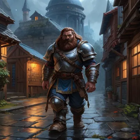 Zwergenkrieger in schwerer Rüstung erkunden, dwarf, kurz:1.2, stämmig, breite Schultern, Ein Charakter, im Stil von Larry Elmore, (Fantasy-Kunst :1.3), ätherische Fantasy-Konzeptkunst, Herrlich, himmlisch, Ätherisch, malerisch, Epos, majestätisch, magisch, Fantasy-Kunst, Deckblattkunst, verträumt, Oberkörperansicht, Garibaldi-Bart, regendurchweichte Kopfsteinpflastergasse in der Altstadt, Vollrüstung, buntes Chaos, lebendige Farben, markantes visuelles Design, 