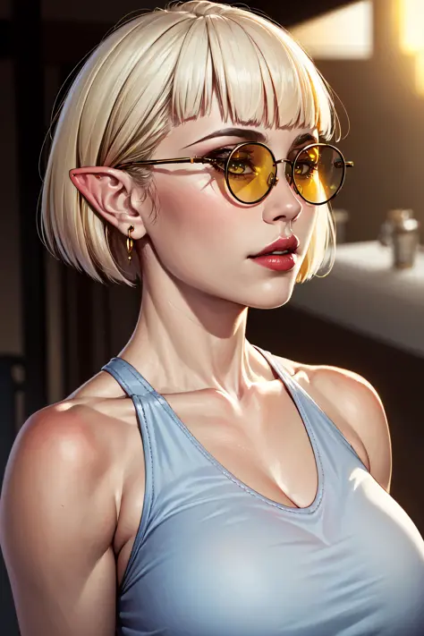 (masterpiece, absurdres, best quality:1.2), 1girl, solo, 1girl, portrait, precise, head only, finely detail, depth of field, shine, highres, original, perfect lighting, colorful, centered, realistic face, photorealism, yellow bodycon tank top, platinum hair, bob cut, ring earrings, red lipstick, pointy ears, blunt bangs, huge breasts, <lora:Prop_Sunglasses_v1:0.6>, (glasses, sunglasses, round tinted glasses),, <lora:animeLineartMangaLike_v30MangaLike:0.4> <lora:thesabuStyleV2Locon_v4Type1:0.5> <lora:krekkovStyleLora_v10:0.15> <lora:warlockAndBoobsStyle_v10:0.15>