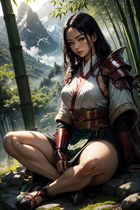 1girl, fullbody, sitting, slim, (bamboo trees), kabuto, red samurai armor, misty air, strong sunlight, mossy path, mountain village, huge weapon, mountain top scenery,