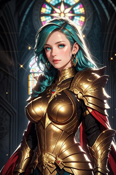 (masterpiece, best quality), intricate details, mature female, MILF, standing, large breasts, upper body, light rays, depth of field, <lora:edgNadiaGolden:0.8> edgGolden, dressed in golden armor, wearing edgGolden, aqua hair, aqua eyes, earrings, sparkles, looking at viewer, high contrast, backlight, stained glass