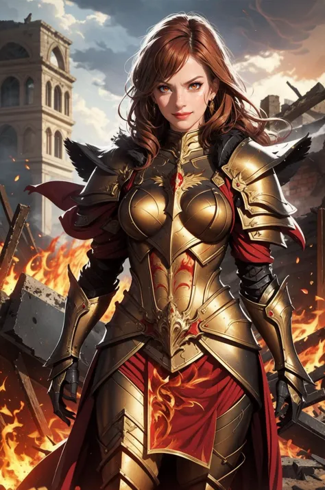 a woman in armor standing in front of a fire