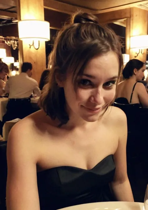 ((wide angle)), woman at table ,soft smile
thing strapless dress, 
dark low lit , clutter,  
Stacy,
(elegant dark moody restaurant, )
crowded, 
((dimly lit, low lit, deep focus, snapchat))
 bad quality , grainy jpg , blurred, motionblur, ugly,