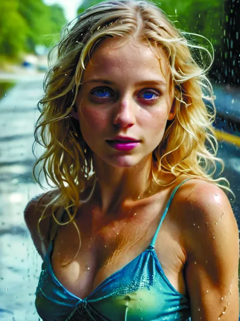 a close up of a woman in a blue bikini standing in the rain