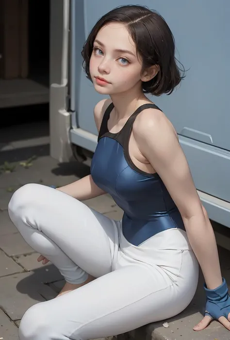 (masterpiece, best quality), 1girl,  Medium brown Slicked-Back Undercut with Side Part, big breasts,   <lora:maylene_outfit:0.8> maylene_outfit, leotard, blue leotard, bodysuit, blue bodysuit, pants, white pants, sweatpants, barefoot, feet, bandaid, bandaid on face, blue gloves, fingerless gloves