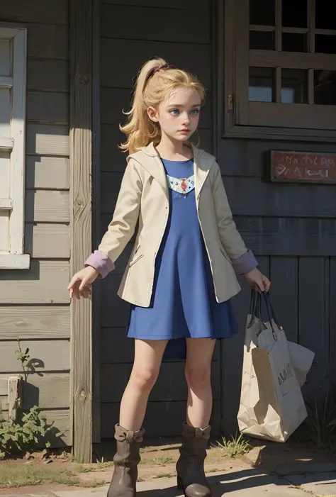 arafed blonde girl in a blue dress and a tan jacket