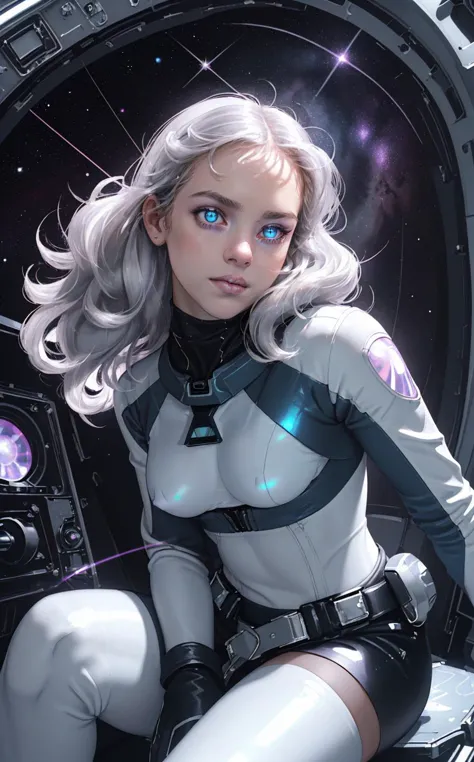 a woman in a space suit sitting in a space station