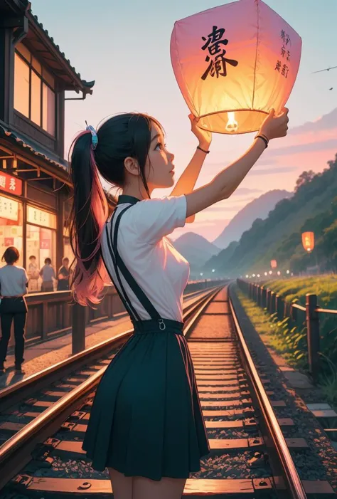 (masterpiece, best quality), 1girl,   Pastel Pink Twisted Side Ponytail, Size E breasts,     <lora:girllikecolorfulskylantern:0.8> colorful sky lantern with chinese word, hands close to fire, railway bridge, raise head, arms up, suspender skirt, tourists, twilight, river, mount, greenery, low house