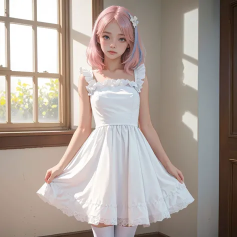 ((masterpiece,best quality, detailed)), 1girl, blue and white frill dress, (white stockings), pink hair, cute face, standing, indoor, intricate detail, sunlight,