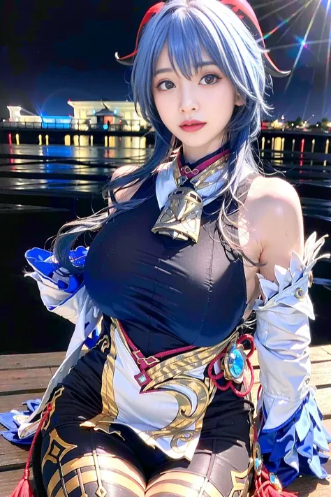 <lora:ganyuGenshinImpact_offset:1.66>,(ganyu \(genshin impact\):1.5), 1girl, ahoge, architecture, bangs, bare shoulders, bell, black gloves, black pantyhose, (blue hair), blush, breasts, chinese knot, detached sleeves, east asian architecture, flower knot, gloves, horns, long hair, looking at viewer, medium breasts, neck bell, night, outdoors, pantyhose, purple eyes, sidelocks, solo, tassel, white sleeves, (ulzzang-6500:0.5) , intricate, high detail, sharp focus, dramatic, beautiful girl ,(blue hair:1.4),<lora:japaneseDollLikeness_v10:0.2><lora:koreanDollLikeness_v15:0.6> <lora:shojovibe_v11:0.2> <lora:chilloutmixss_xss10:0.3>((originale xtremely detailed 8K wallpaper))((ultra high res, 8K, RAW photo, best quality,masterpiece:1.47746,realistic:1.4,photo-realistic:1.4,cinematiclighting:1,intricate details:1,raw photo:1,extremely beautiful detailed
))(((ultra-detailed:1.47746))),professional lighting,((physically-based rendering:1)), ((ruddy skin:1,shiny skin,sweat))lens flare,ray tracing ,(extremely detailed face, extremely detailed eyes,expressive hair:1.5,shiny hair;1)cinematic lighting,(vivid expression) (body muscle:1) solo(1girl:1.5)((smiling:1)),(plump figure:1,blance body:1)(realistic hand,realistic clothes,background detailed)