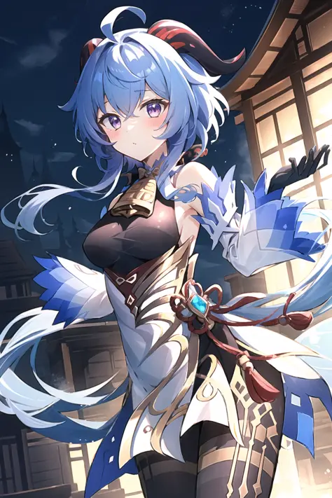 <lora:ganyu_ned2_offset:1> 
ganyu \(genshin impact\), 1girl, ahoge, architecture, bangs, bare shoulders, bell, black gloves, black pantyhose, ((blue hair)), blush, breasts, chinese knot, detached sleeves, east asian architecture, flower knot, gloves, horns...