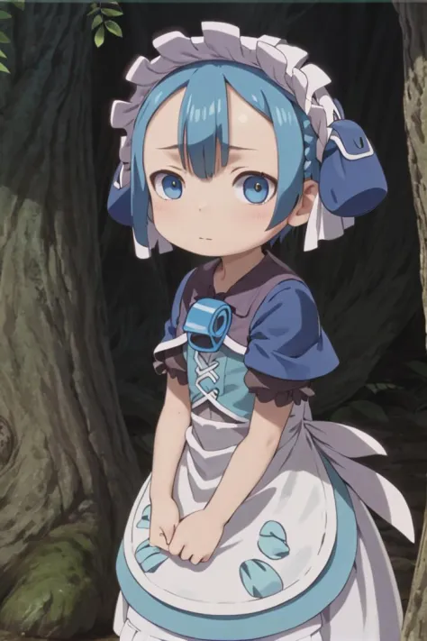 1boy, 
 masterpiece, ultra detail, forest
 <lora:marulk-000007:0.6> marulk,  solo, looking at viewer,
 tree, puffy short sleeves, maid, maid headdress, capelet, otoko no ko, pouch, male child, whistle, blue capelet, whistle around neck