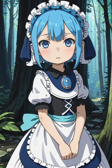 1boy, 
 masterpiece, ultra detail, forest
 <lora:marulk-000007:0.6> marulk,  solo, looking at viewer,
 tree, puffy short sleeves, maid, maid headdress, capelet, otoko no ko, pouch, male child, whistle, blue capelet, whistle around neck