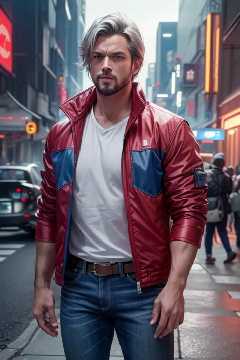 (man, handsome:1.6), (muscular, silver hair:1.2), (red jacket, blue jeans, cyberpunk, city lights, street:1.5), (solo, portrait:...