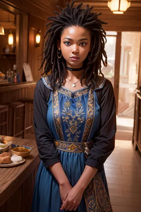 a portrait photo of a black girl, dark skin, smiling, tattoo, blue dreads, (folk dress:1.3), Ukrainian short dress, pronounced f...