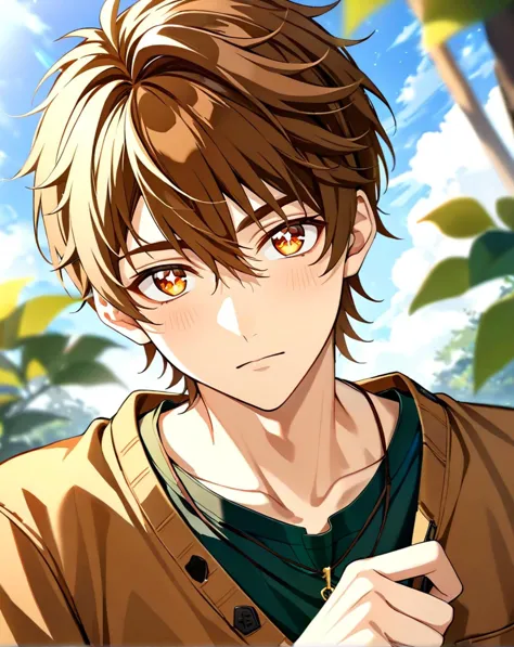 anime boy with brown hair and yellow eyes holding a knife