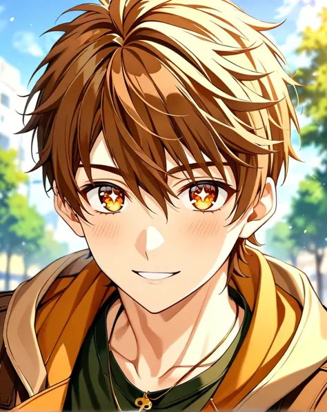 anime boy with brown hair and brown eyes looking at the camera