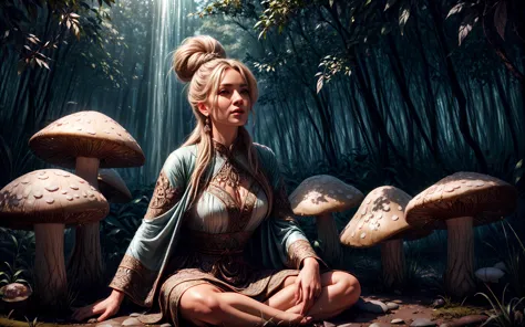 arafed woman sitting in front of a forest of mushrooms