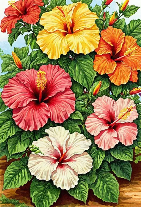 Hibiscus flowers are big in size at the front. Various backgrounds. Coloring  pencils,
