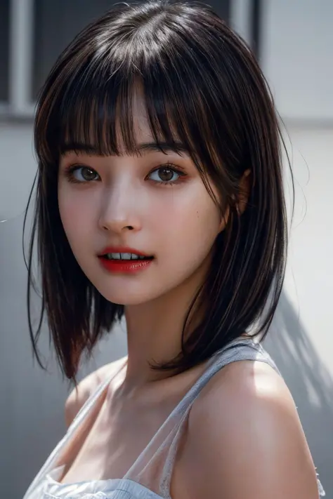 (masterpiece, best quality, beautiful quality, photorealistic, looking at viewer, detailed lighting, extremely detailed skin, extremely detailed hair, extremely detailed teeth, shadows, 8k:1.2), (a picture of a woman, 1girl, blunt bangs, Egyptian bob cut:1...