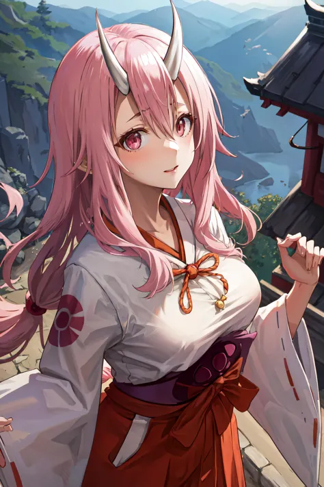 anime girl with horns and a white shirt standing in front of a mountain