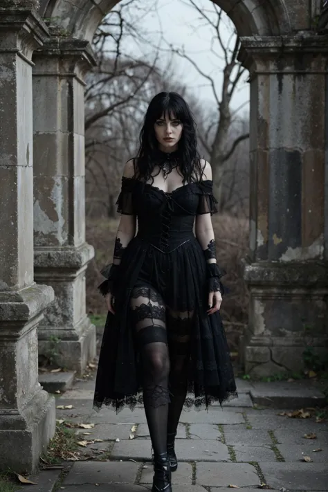 Imagine a scene shrouded in mystery and allure, where the essence of goth aesthetics melds seamlessly with an atmospheric backdr...