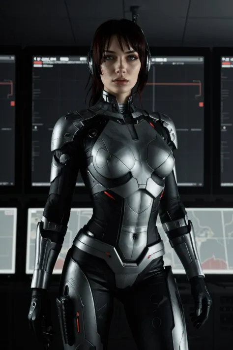 cyborg woman solider with a gun, standing in the command center, cinematic, high detail, masterpiece  g0thg1rl