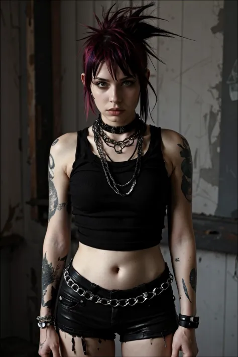 punk outfit, colored Mohawk hair, chain necklace, atmospheric, cinematic, high detail, masterpiece <lora:G0thG1rl_sd15_style_gpt...