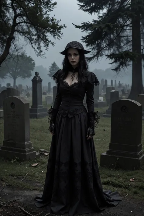 female necromancer in a graveyard, atmospheric, cinematic, high detail, masterpiece, gothic  <lora:G0thG1rl_sd15_style_v3:0.65> ...