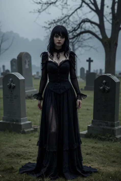 necromante feminina em um cemitério, atmosférico, cinematic, alto detalhe, obra de arte, gótico g0thg1rl