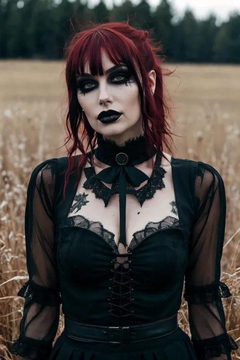 g0thg1rl , woman has a gothic appearance, characterized by her dark makeup, deep red lipstick, and black lace clothing. Her red ...