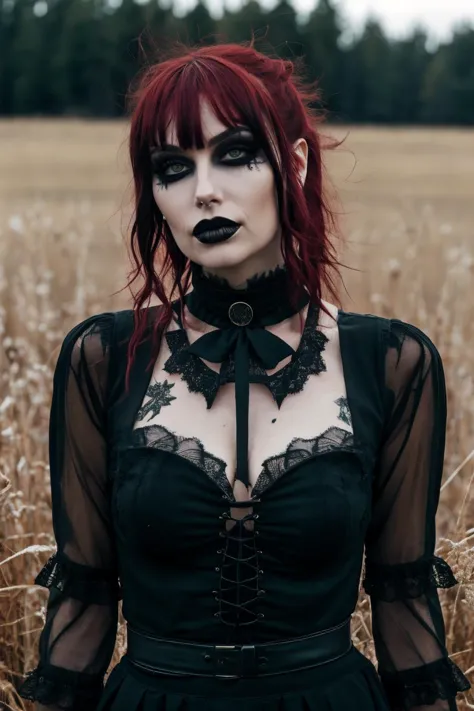 g0thg1rl , la femme a une apparence gothique, caractérisé par son maquillage sombre, rouge à lèvres rouge foncé, et des vêtements en dentelle noire. Ses cheveux roux sont coiffés de franges et le look est complété par divers tons foncés., bijoux complexes. Elle est positionnée dans un cadre naturel, au milieu de ce qui semble être un champ, avec la lumière du soleil projetant une douce lueur autour d&#39;elle. Son regard est intense et direct, avec une forte présence accentuée par ses yeux verts saisissants. L&#39;ambiance est quelque peu mystérieuse et énigmatique, s&#39;adapter à l&#39;esthétique gothique. g0thg1rl