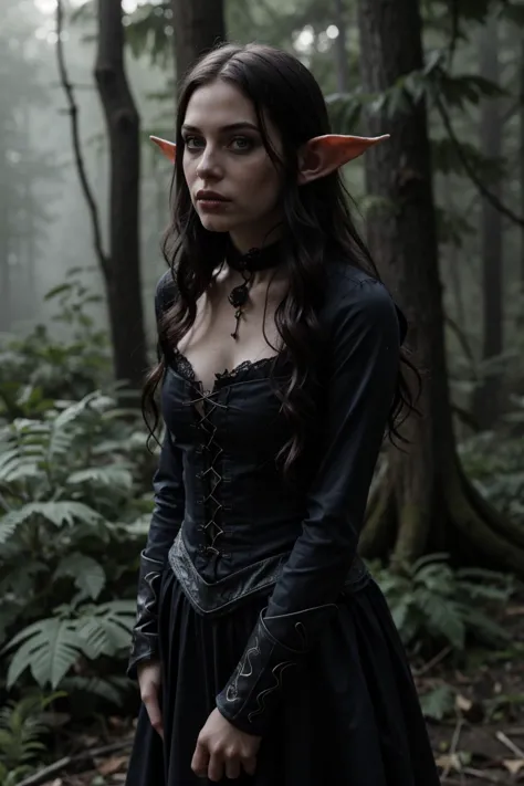 female elf mage at night in the forest, atmospheric, cinematic, high detail, masterpiece , gothic <lora:G0thG1rl_sd15_style_v7:0...
