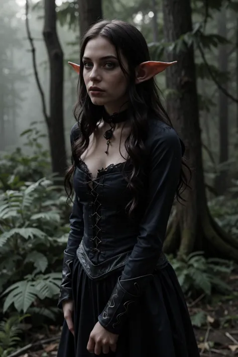 female elf mage at night in the forest, atmospheric, cinematic, high detail, masterpiece , gothic <lora:G0thG1rl_sd15_style_v7:0.75> g0thg1rl