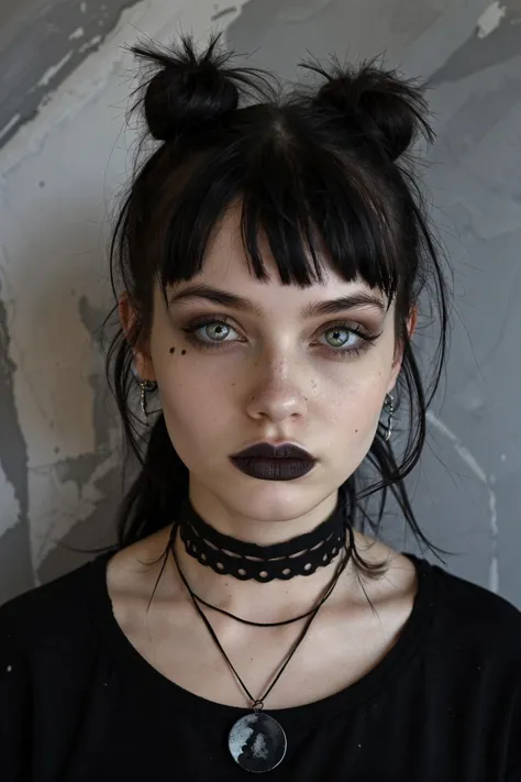 a person with a unique alternative aesthetic. They have dark hair styled with two buns on the top of their head and straight ban...