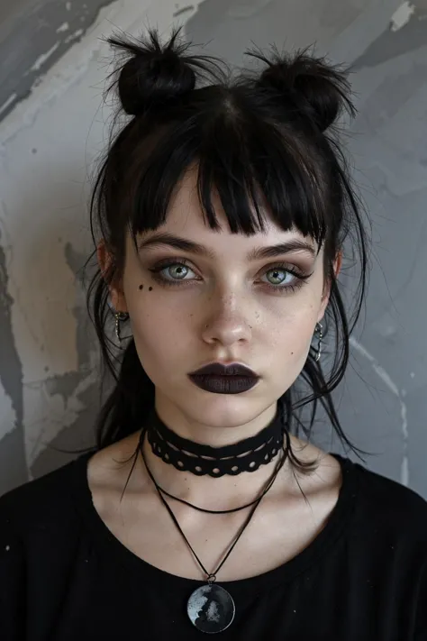 a person with a unique alternative aesthetic. They have dark hair styled with two buns on the top of their head and straight bangs across their forehead. The individual's eyes are a soft green, and they wear dramatic black lipstick. They have a septum piercing and multiple earrings in one ear. Their makeup is notable for the winged eyeliner, and there are artistic black streaks or smudges on their right cheek, adding an edgy touch. They wear a black t-shirt with a graphic design visible at the neckline, and their look is accessorized with a black choker and layered necklaces. The backdrop has a marbled or mottled texture in grayish tones, which complements the dark hues of their outfit and makeup.  <lora:G0thG1rl_sd15_style_gpt_trigger:0.75> g0thg1rl