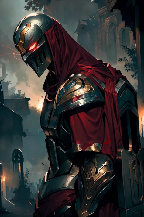 a close up of a person in armor with a red cape