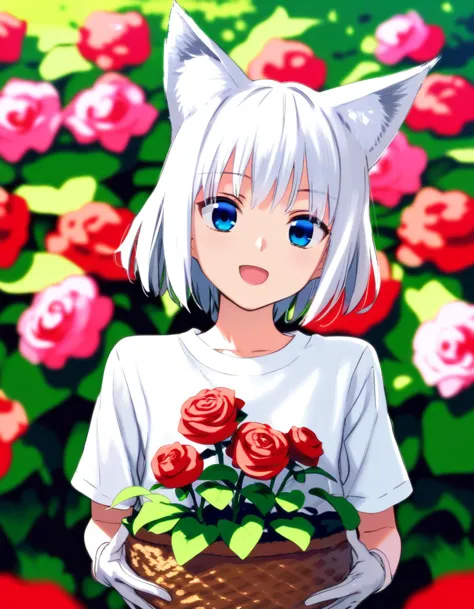 score_9, score_8_up, score_7_up, source anime break 1girl, fox, cute, garden, flowers, gloomy, facing viewer, red rose, fox ears...