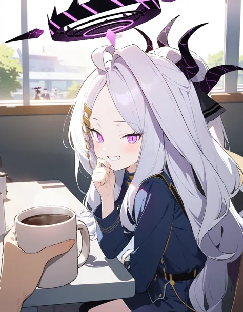 anime girl with long white hair sitting at a table with a cup of coffee