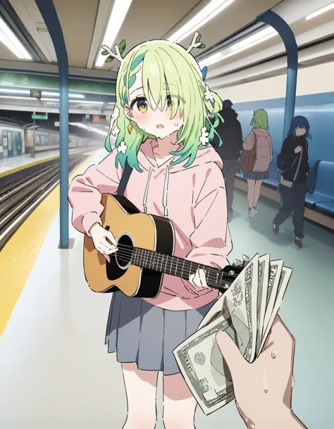 anime girl with green hair holding a guitar and money