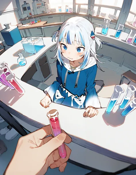 anime girl sitting at a table with a bottle of liquid