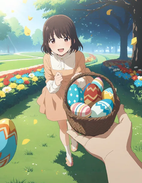 a woman holding a basket of decorated eggs in a park