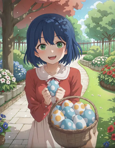 a woman holding a basket of eggs in a garden