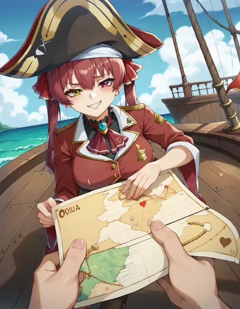 a woman in a pirate hat holding a map on a boat