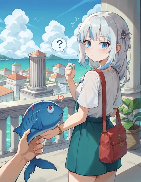 anime girl holding a fish in her hand and a man holding a fish in his hand