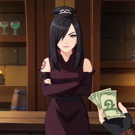 a woman in a purple dress holding a stack of money